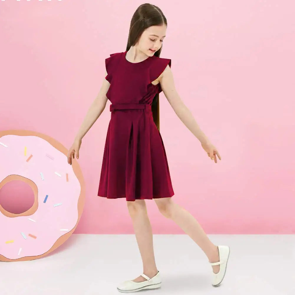 Baby Girls Summer Ruffle Sleeve Cotton Dress Swing Casual Girl Sundress with Belt for 4-8 Years Girls Colorful