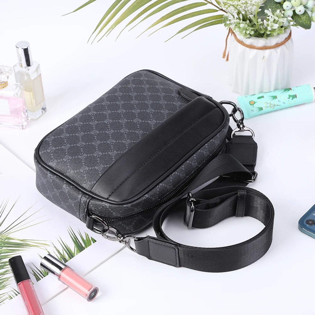 Leather Fashion Crossbody Bag Classic Pattern Casual Business Men Shoulder Crossbody Bag Wide Strap Small Square for Travel Work