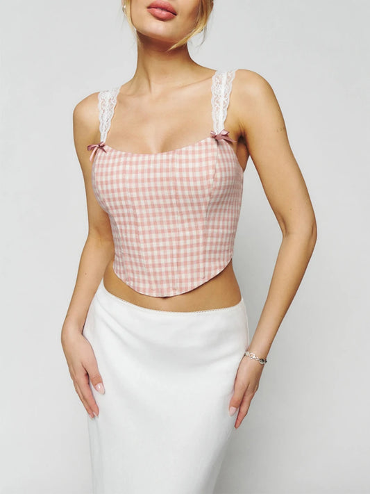 Women s  Cami Tops Lace Shoulder Strap Vest Plaid Floral Print Show Navel Cropped Camisole