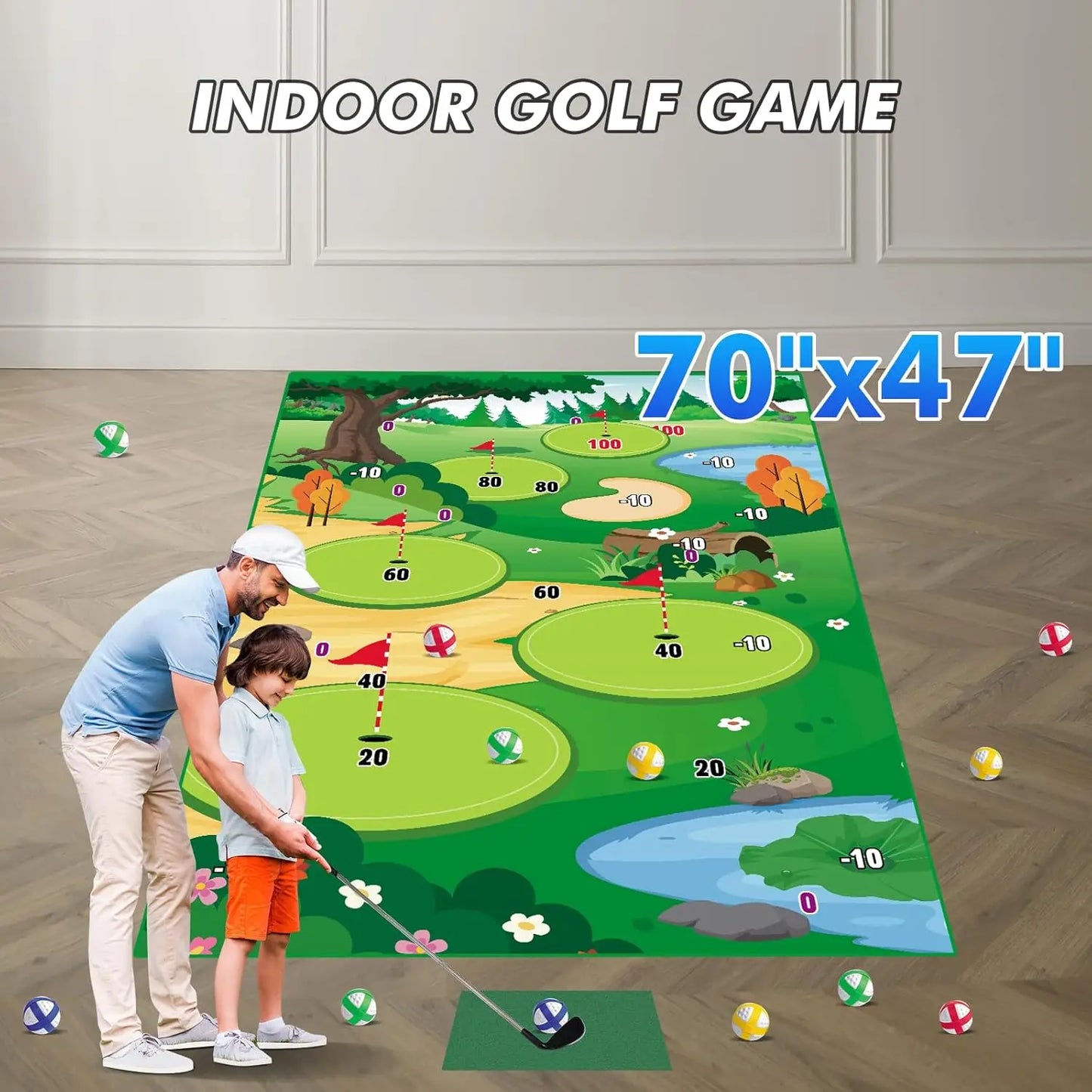 VATOS Golf Chipping Game Mat with Club Practice Training Indoor Outdoor Hitting Mat 20-Balls for Kids Adults Play Stick Chip Set
