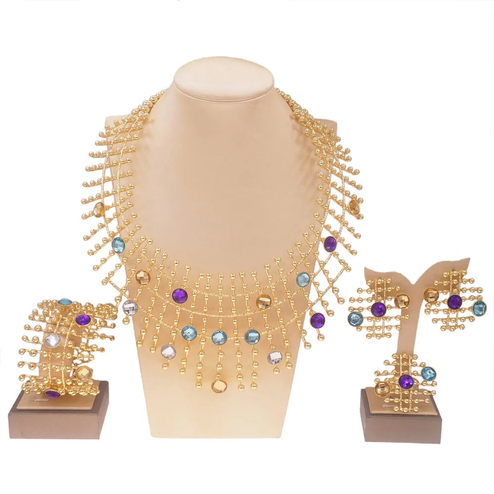 24k Gold Plated Women Jewelry Set Necklace  Chain Earrings Bangle Ring Multi Color Stone