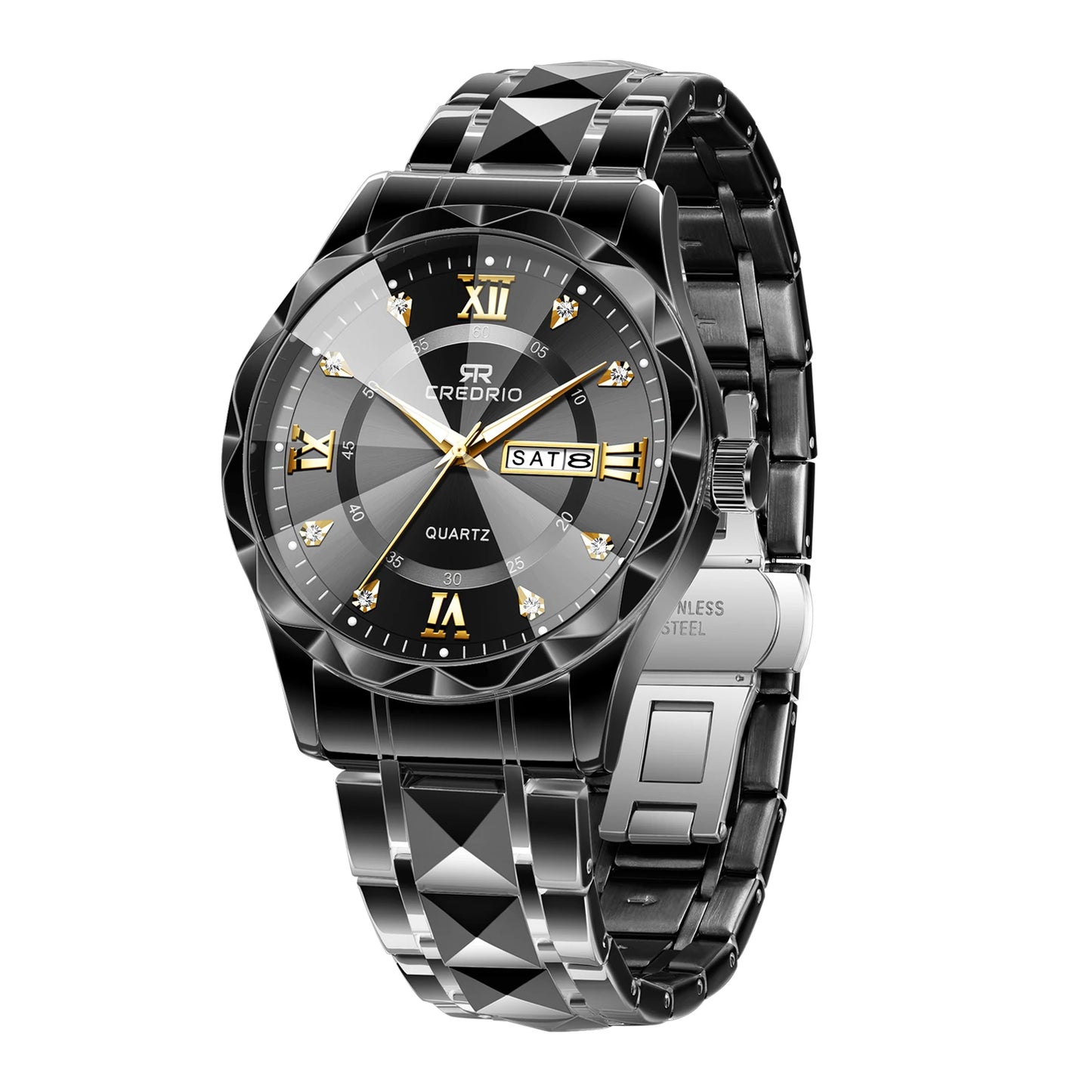 CREDRIO Men's Watches    Men's Rhinestone Luxury Luminous Waterproof Dual Calendar Week Quartz Movement Fashion Business Watch