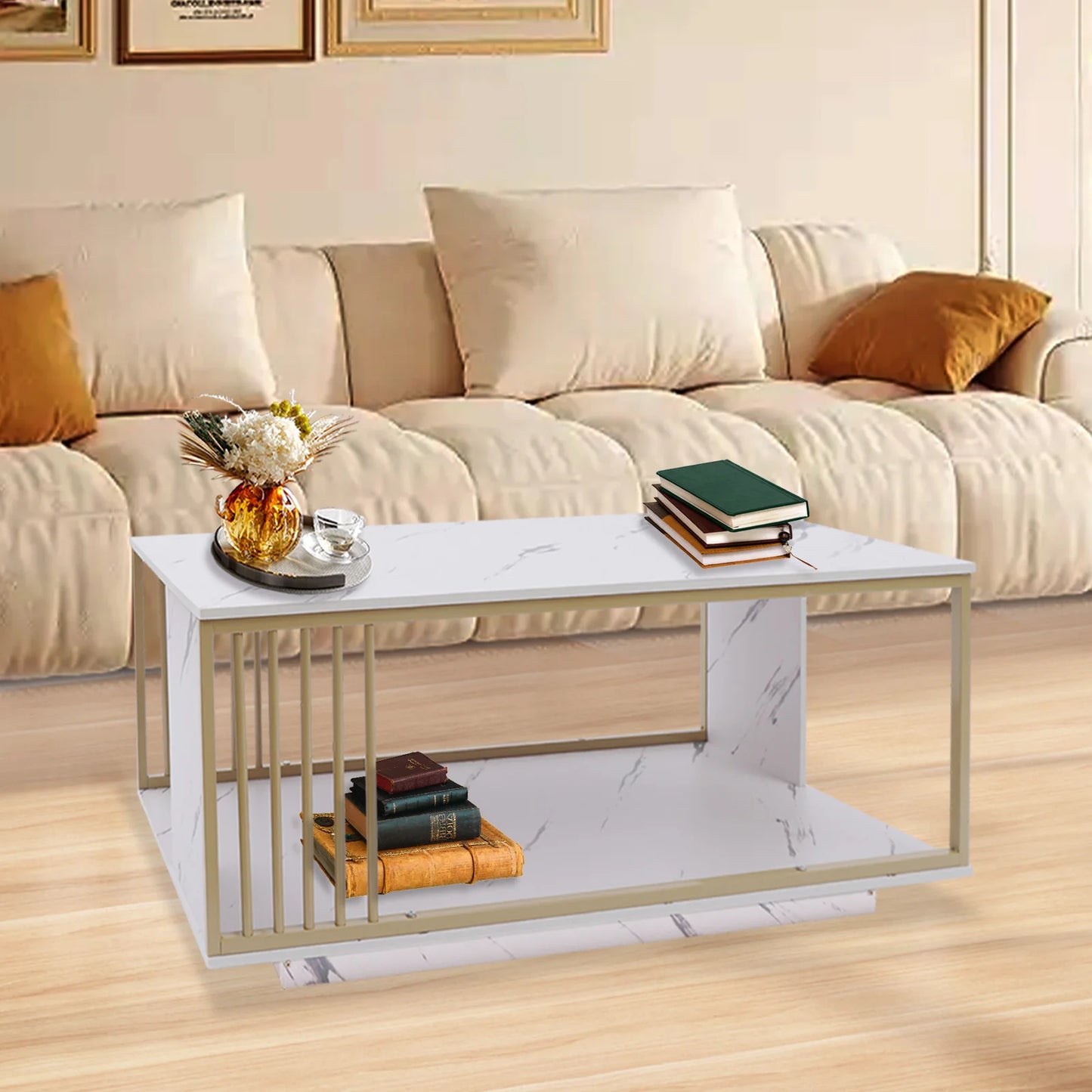 Modern Two-Tier Coffee Table with Marble Pattern, Gold & White Rectangular Living Room Tablem, 25kg Load Capacity, Easy Assembly