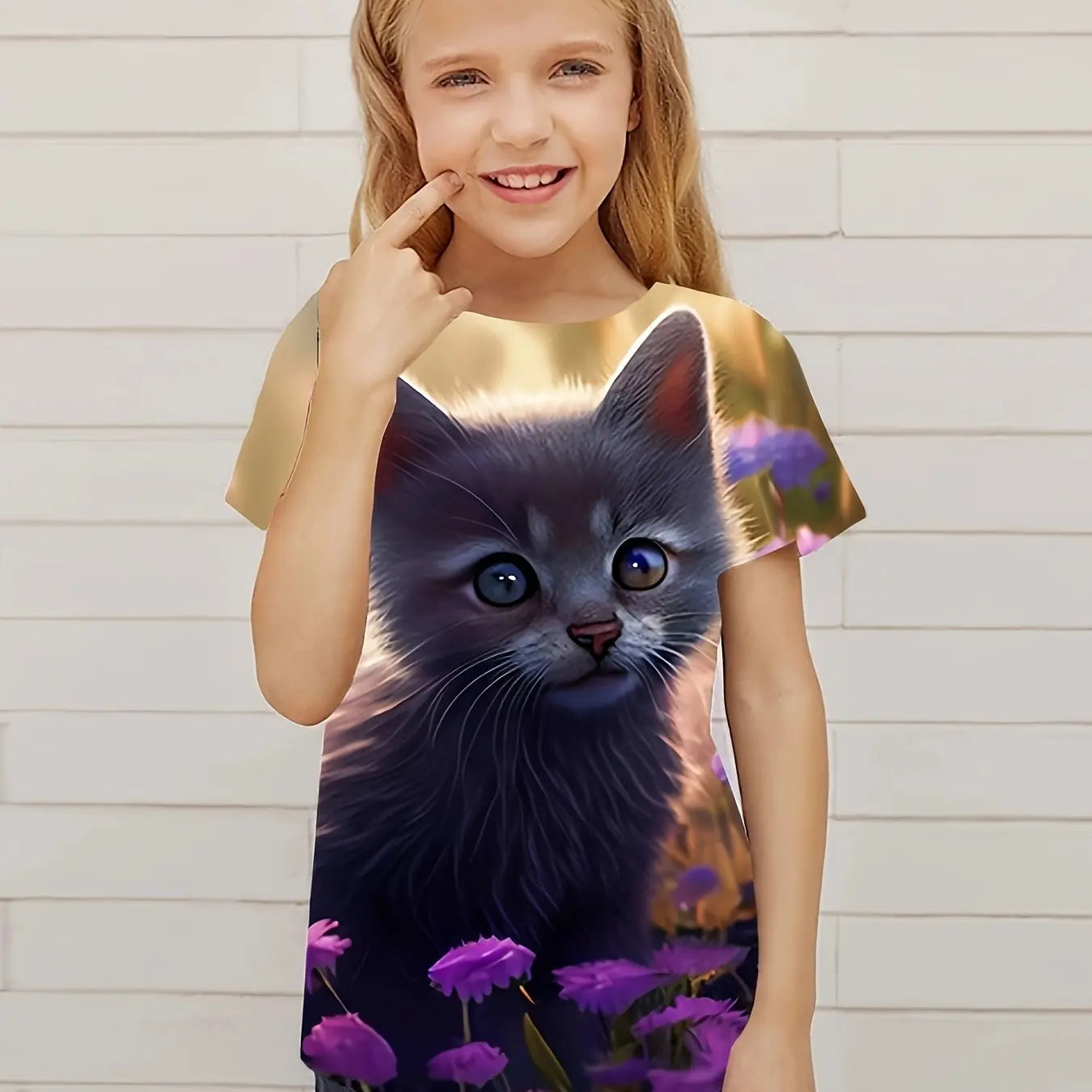 T-Shirt for Girls Cute Kitten Girls Clothes Kids T-Shirt Summer Short Sleeve Children Outdoor Sports Tops T-Shirt for Girls