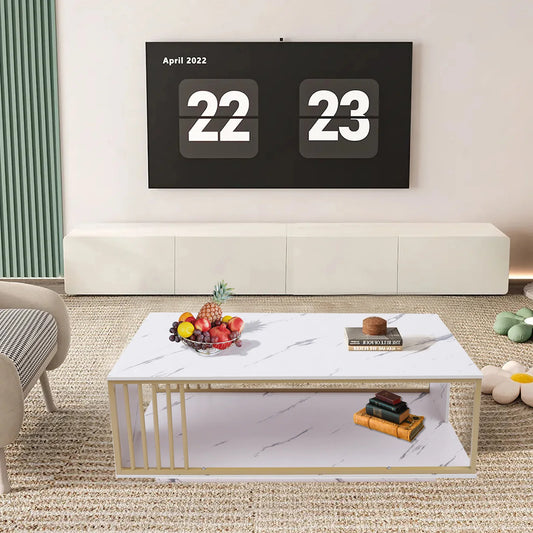 Modern Two-Tier Coffee Table with Marble Pattern, Gold & White Rectangular Living Room Tablem, 25kg Load Capacity, Easy Assembly