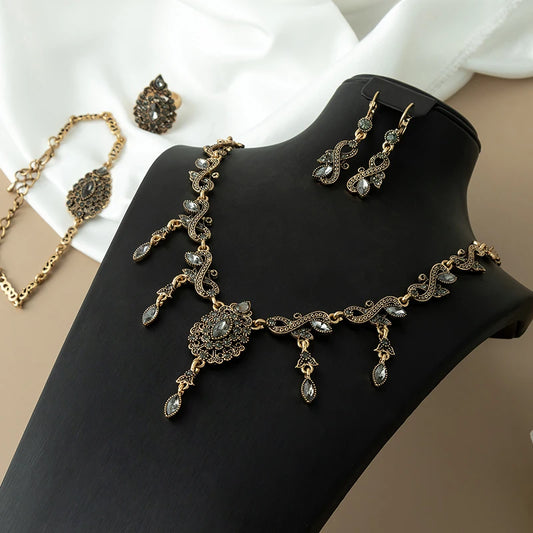 Algerian fashion Women's Necklace Earrings Bracelet Ring Crystal Wedding Jewelry Arab Bronze Bridal Gift Jewelry Set