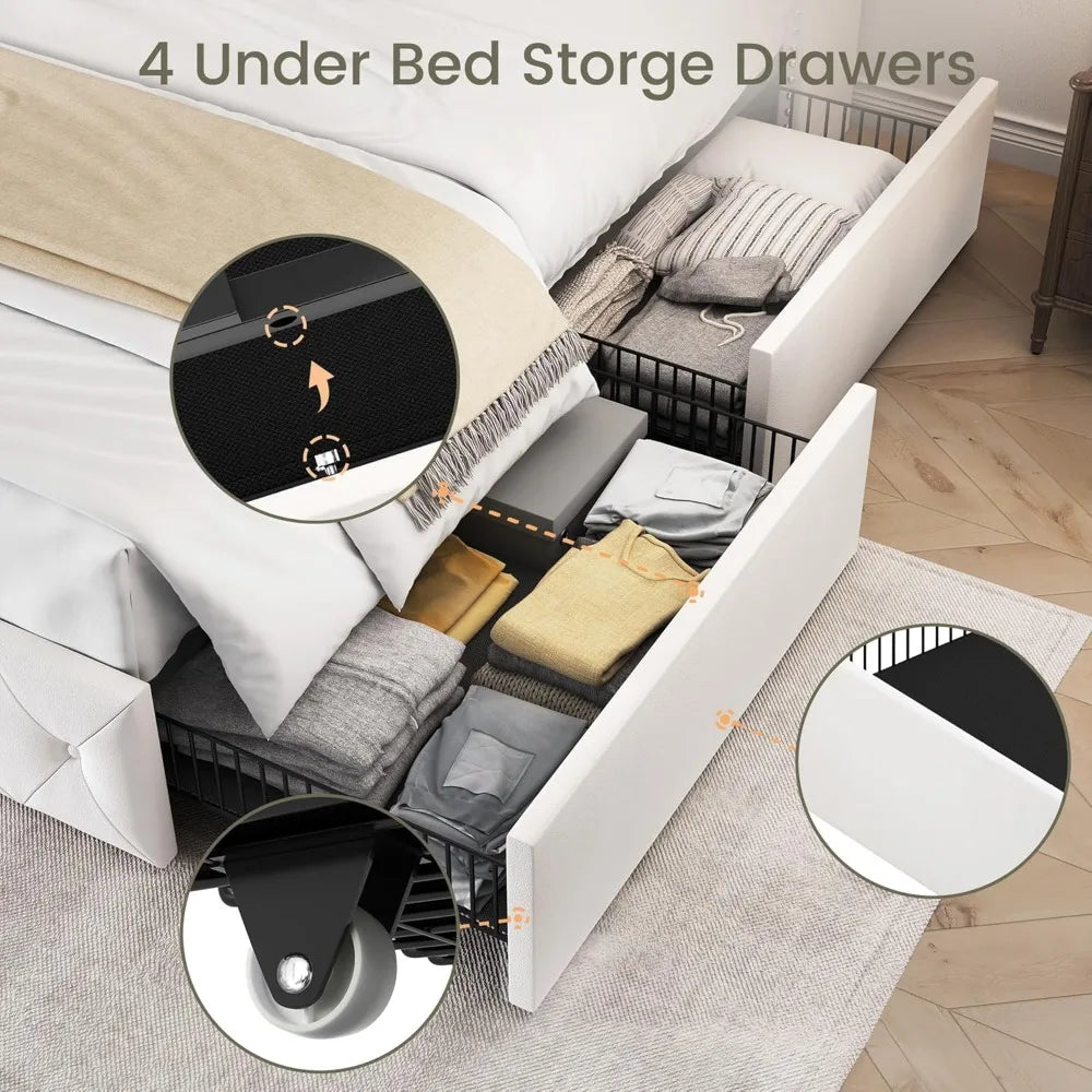 King Size Bed Frame with 4 Storage Drawers and Wingback Headboard Velvet Upholstered Platform Bed Frame Tufted Beds with Wooden