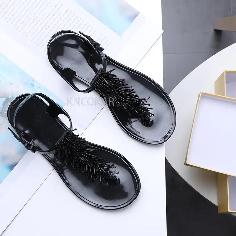 Women's Shoes Flip-flops Sandals for Woman Black Footwear Plastic with Low Heels Summer 2025 Crystal Pvc