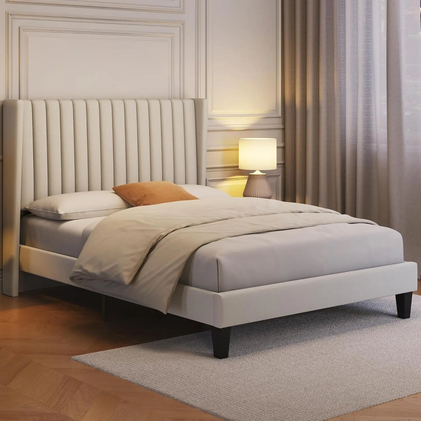 Bed Frame Upholstered Platform Bed with Fabric Headboard, Wing Edge Design/Non-Slip and Noise-Free/Wooden Slats Support