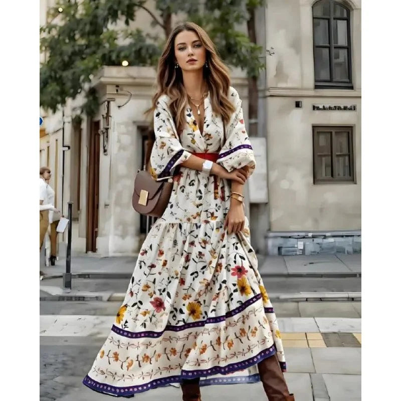 Boho Floral V Neck Dress - Women's 3/4 Sleeve Polyester Maxi Dress Casual Beach Cover Up Summer Vacation Outfit