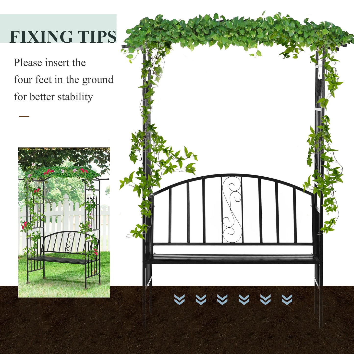 Outsunny Garden Metal Arch Arbour with Bench Love Seat Chair Outdoor Patio Rose Trellis Pergola Climbing Plant Archway Tubular