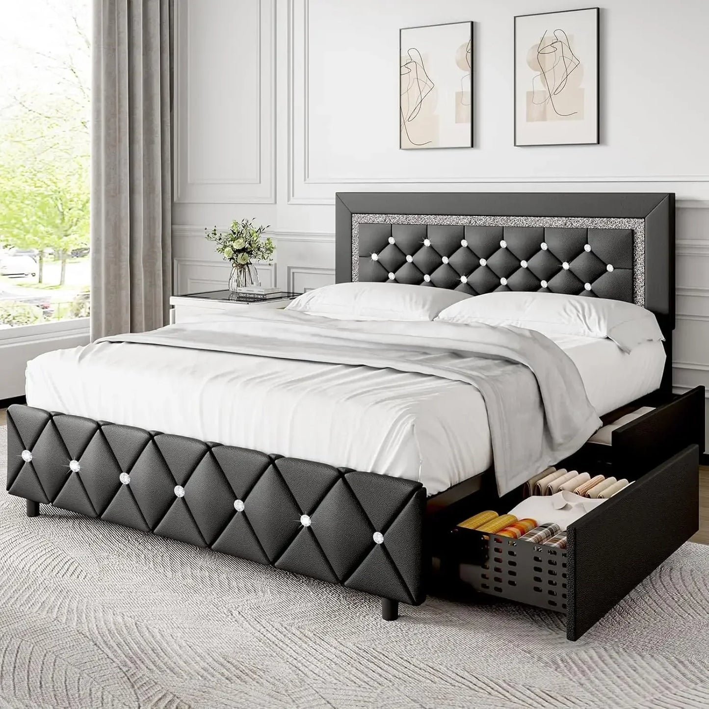 Full Size Bed Frame with LED, Storage Drawers, Princess Platform Bed with Diamond Headboard and Footboard, Upholstered Bed Frame