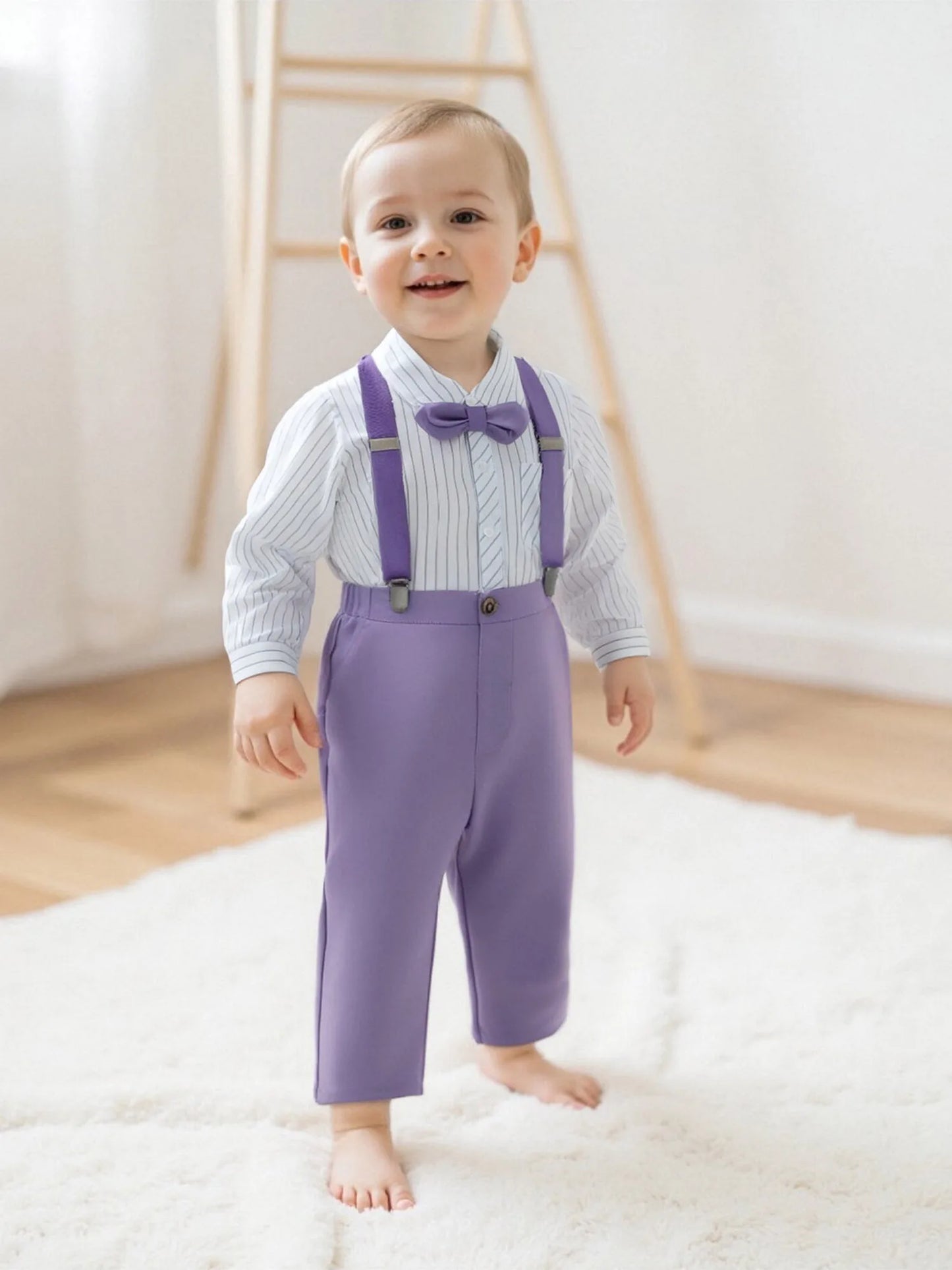 Baby Boy Formal Wear Striped Shirt and Suspender Pants Set for Special Occasions and Photoshoots