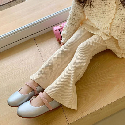 2025 Fashion Kids Girls Cotton Ribbed Flared Pants Spring Autumn Sweet Elasticity Slim Solid Color Trousers Leisure Pants 3-7Y