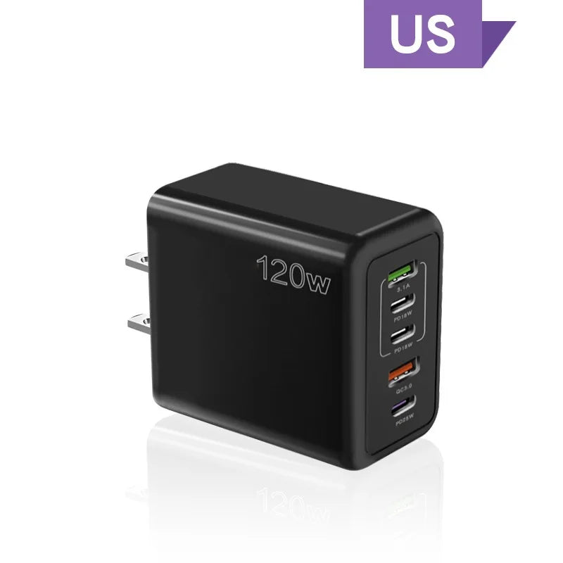 120W 5 in 1 2 USB 3 Type C Quick Charging Fast Wall Charger For iPhone Samsung Xiaomi Huawei Oppo Mobile Phone Adapter