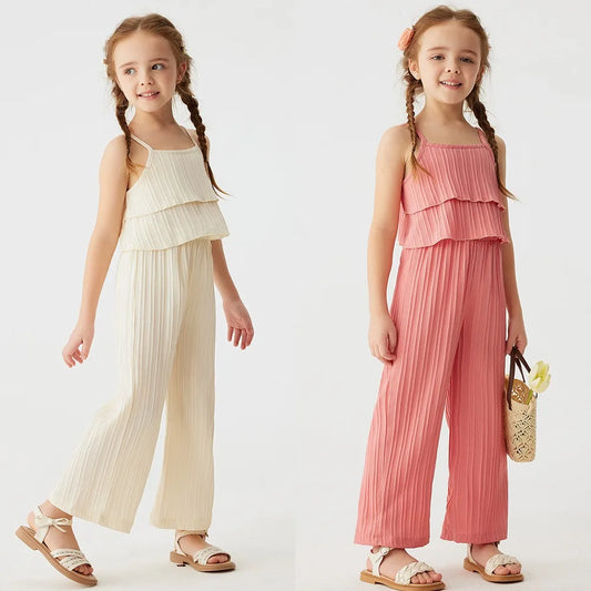 2pcs Toddler Girl Summer New Solid Colour Suit Casual Sleeveless Ruffle Top + Wide Leg Trousers Suit Children's Trend Clothing