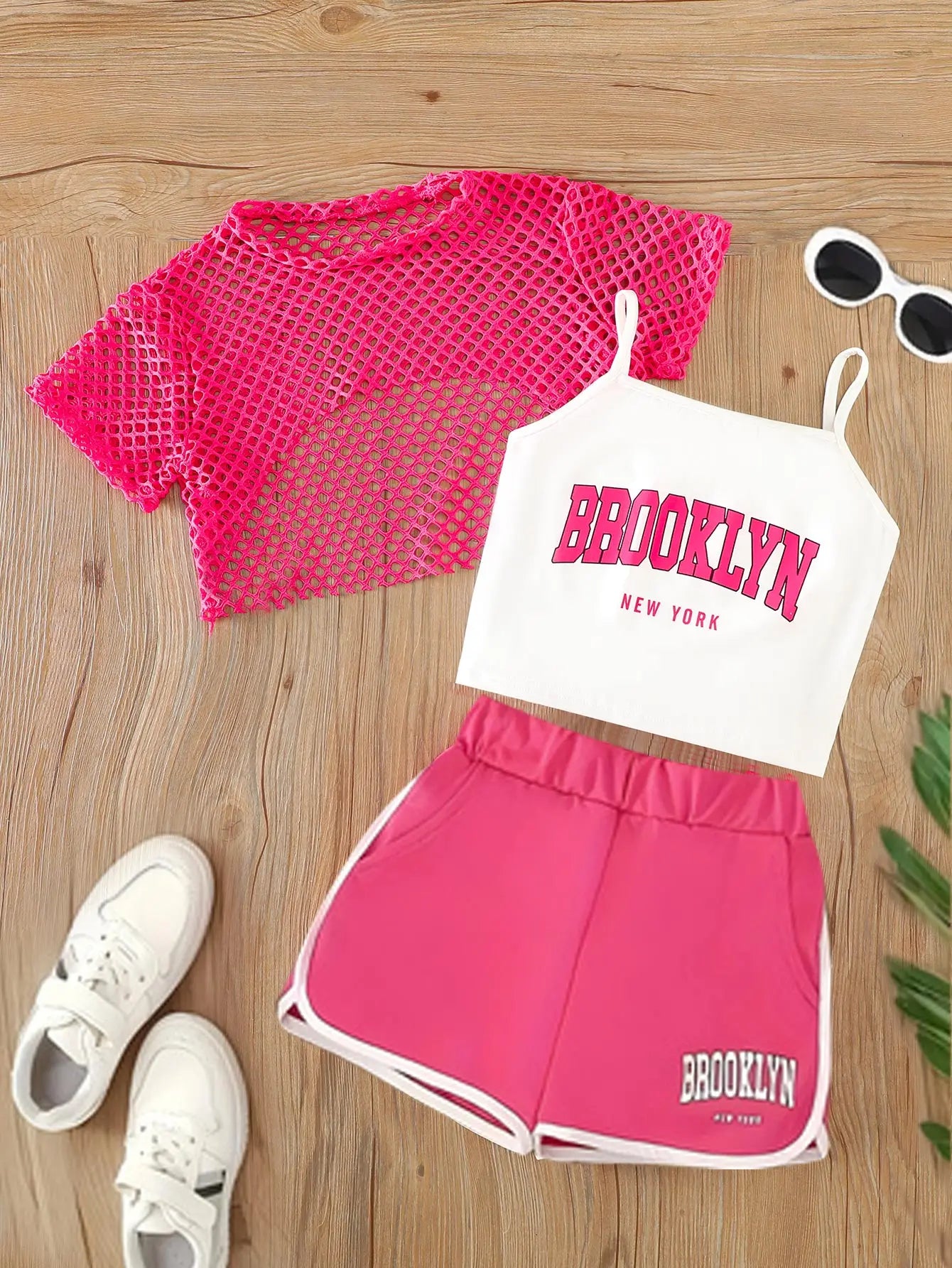 Girls Three-Piece Clothing New Breathable Summer Thin Fashion Short-Sleeved Mesh Top + Letter Printed Short Vest Suspender + Letter Printed Sports Shorts