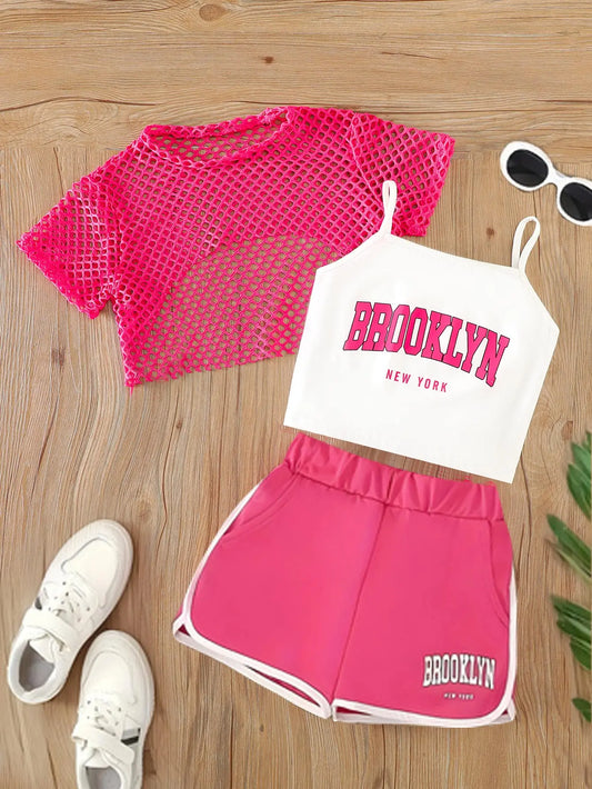Girls Three-Piece Clothing New Breathable Summer Thin Fashion Short-Sleeved Mesh Top + Letter Printed Short Vest Suspender + Letter Printed Sports Shorts