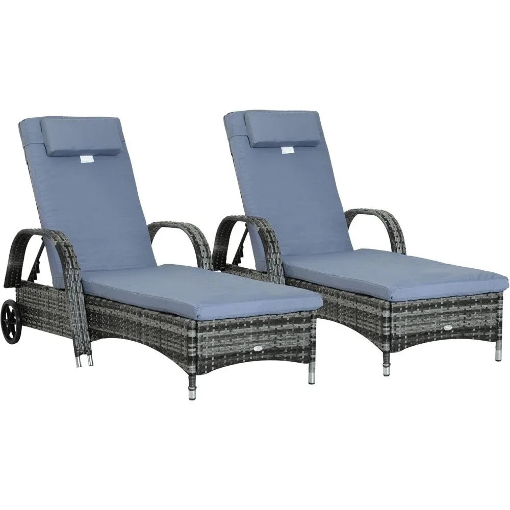 2PC Rattan Sun Lounger Recliner Bed Reclining Chair Patio Garden Outdoor Wicker Weave Adjustable Headrest