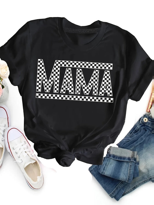 Casual Short Sleeve Crew Neck - Mama Print T-shirt For Spring & Summer Women's Clothing