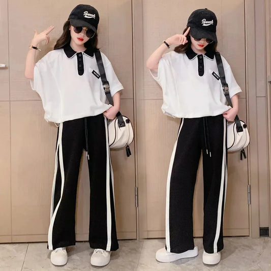2025 spring summer Girls clothes children set Kids loose t-shirt top and bottom striped wide leg pant 4 8 10 14 15 years teens