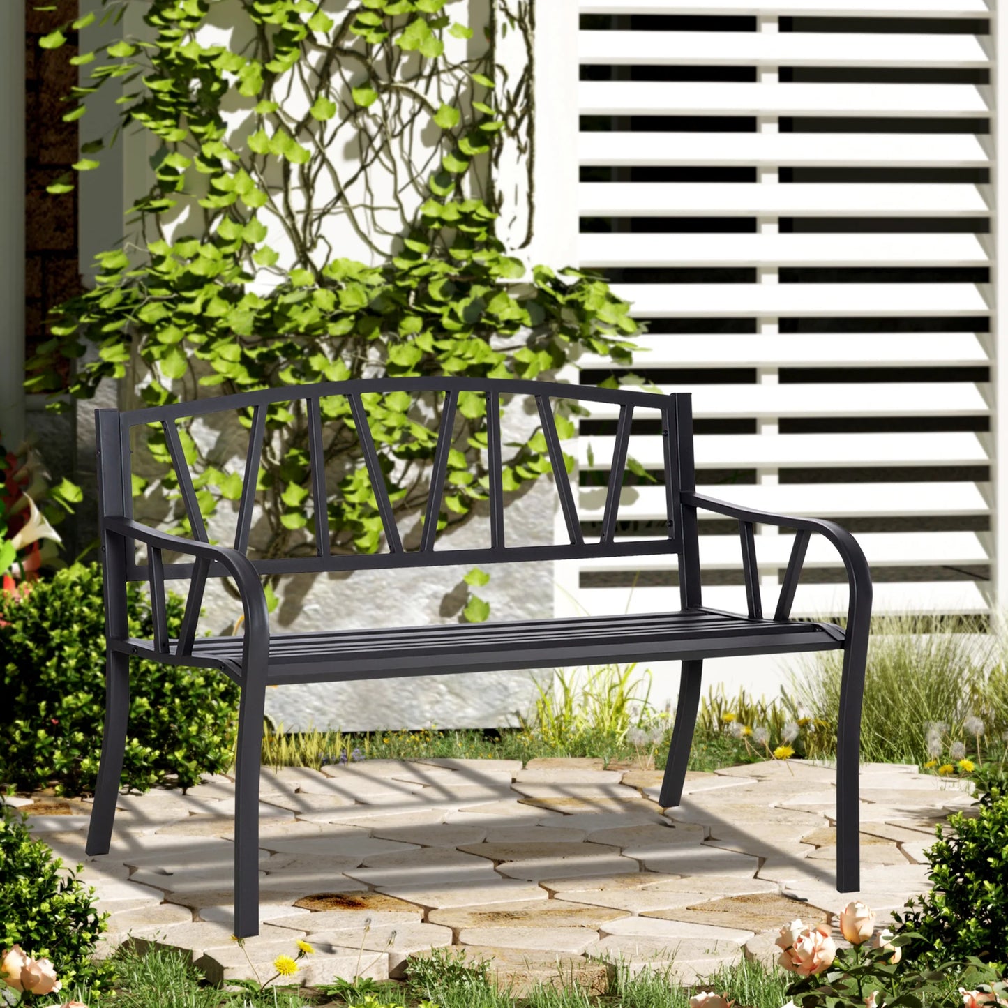 Outsunny 2-Seater Garden Bench Solid Metal Loveseat Outdoor Furniture for Patio Family Chair w/ Backrest Ergonomic Armrest