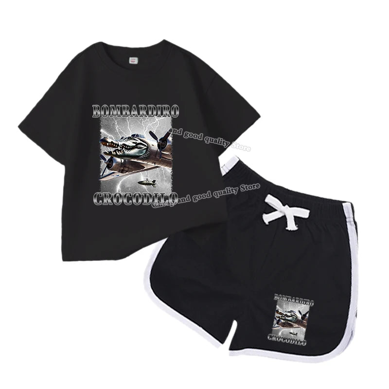 2Pcs Italian Brainrot Summer Children's Casual Set for Boys Girls Loose Short Sleeved  Breathable and Comfortable Set Tracksuits