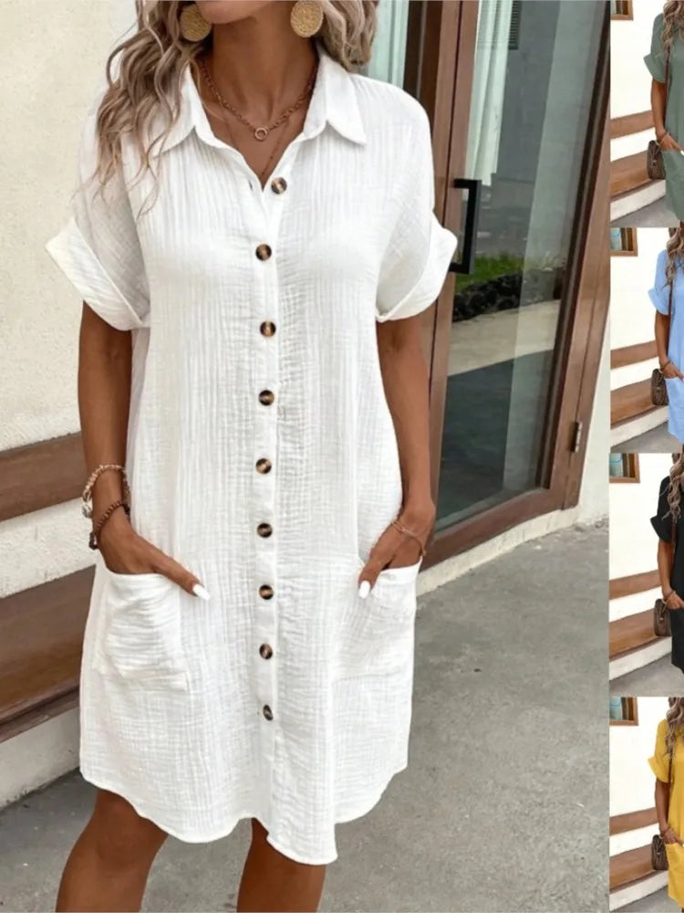 2024 Summer Women's New Fashionable Simple Sexy V-neck Button Single Breasted Short Sleeve With Pocket Dress Women's Wear