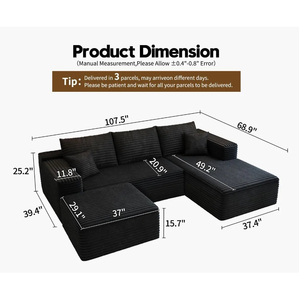 107.5" Cloud Modular Sectional Sofa with 1 Ottoman,Modern Minimalist Upholstered Couches, Comfort U Shaped Sofa for Living Room,