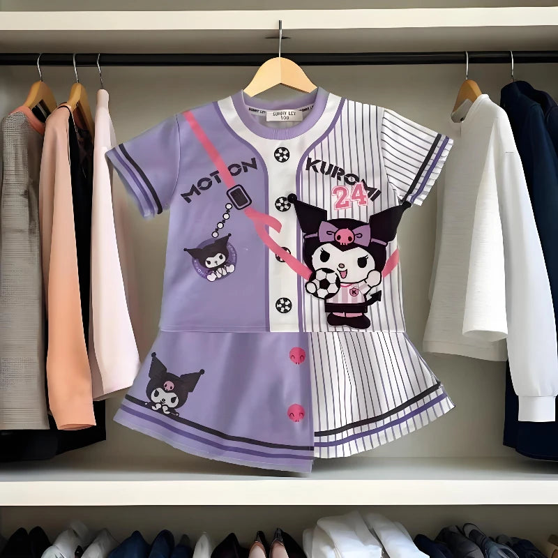 2025 Summer Girls Casual Clothing Sets Cartoon Printed Children Kuromi T Shirt Skirt 2pcs Set Kids Breathable Outfits Outfoor