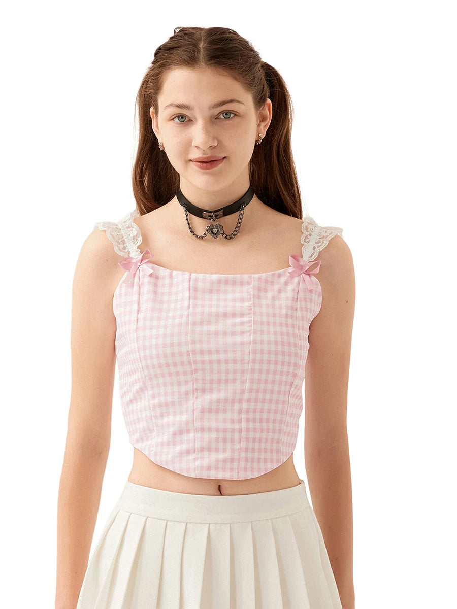 Women s  Cami Tops Lace Shoulder Strap Vest Plaid Floral Print Show Navel Cropped Camisole
