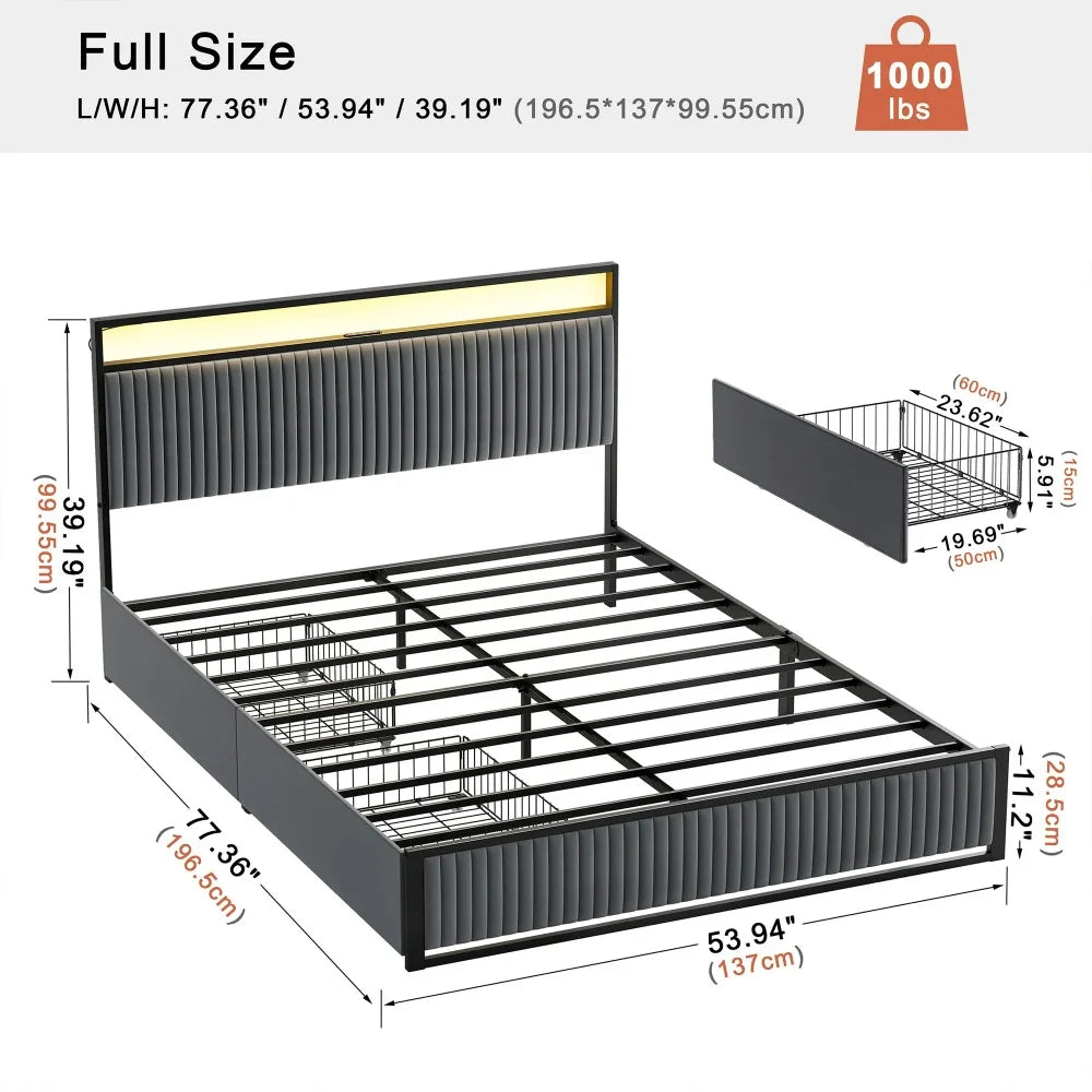 Bed Frame with Headboard, Platform Bed with 2 Drawers, Velvet Upholstered Bed Frame with LED Lights & Charging Station, Beds