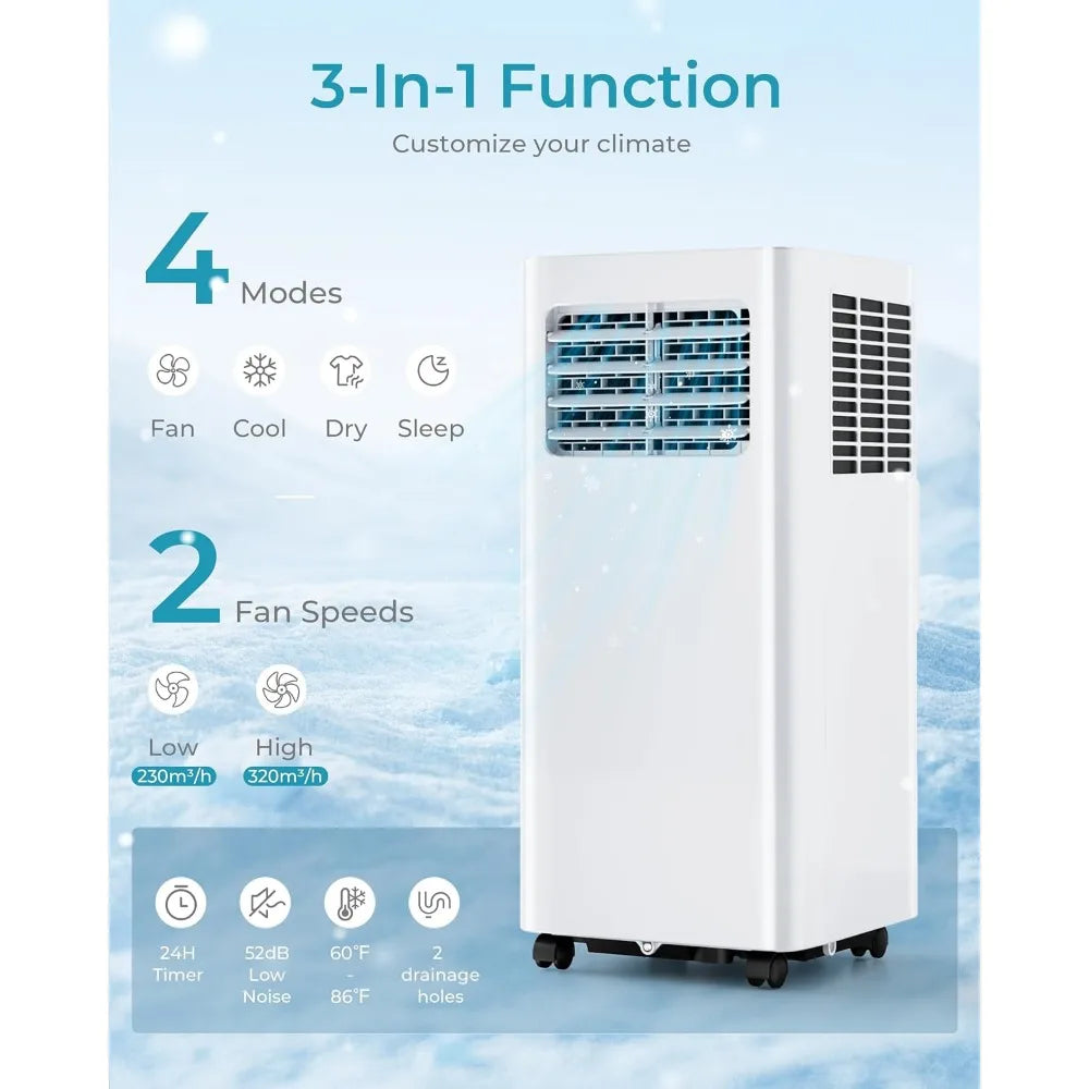 3-in-1 portable cooling air conditioner with dehumidifier, fan, sleep mode, remote control and 24-hour timer