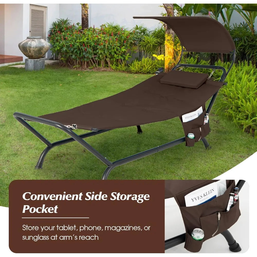 Outdoor Hammock, with Stand and Canopy, Patio Swing Hammock Bed with Cushion, Pillow & Storage Pocket, Hanging Chaise Lounge