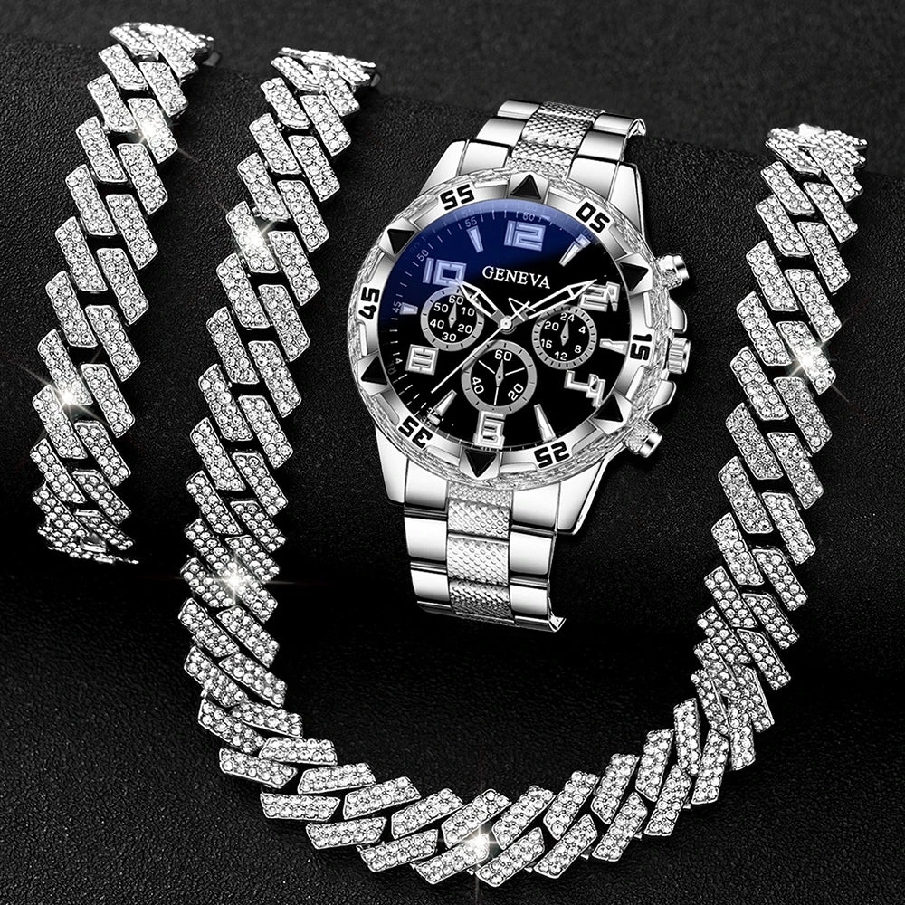 3PCS Luxury Men's Watch Set Fashion Trend Classic Quartz Watch Bracelet Necklace Set for Daily Clothing Matching or Holiday Gift