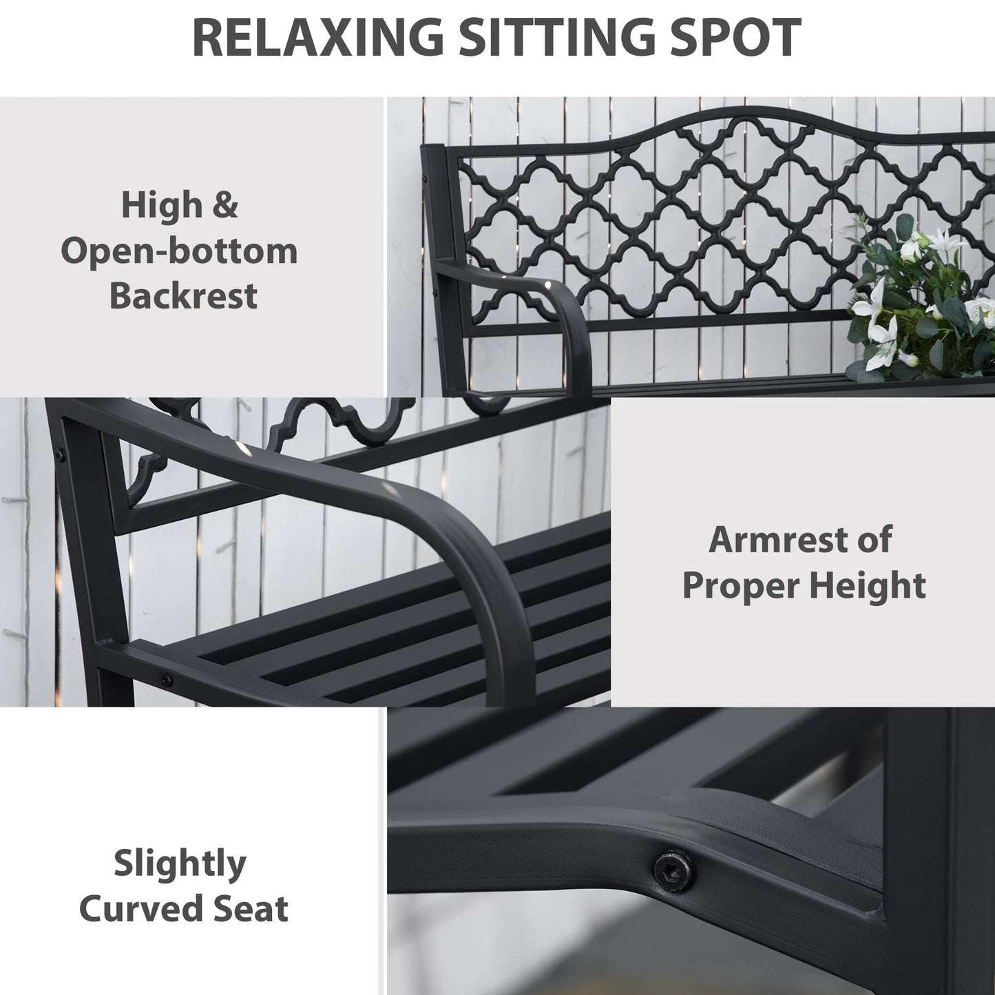 Outsunny 2-Seater Garden Bench Cast Iron Patio Antique Loveseat w/ Armrest