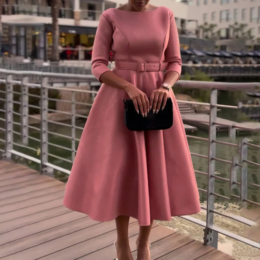 Elegant Women Party Dresses A Line with Waist Belt Three Quarter Sleeves Classy Office Ladies Wedding Guest Gowns Female Dress