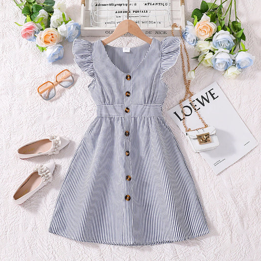Girls Clothes Age 6 Children's Dress Summer Children's Dress New Flying Sleeve Striped Shirt Dress Children's Tween Dresses