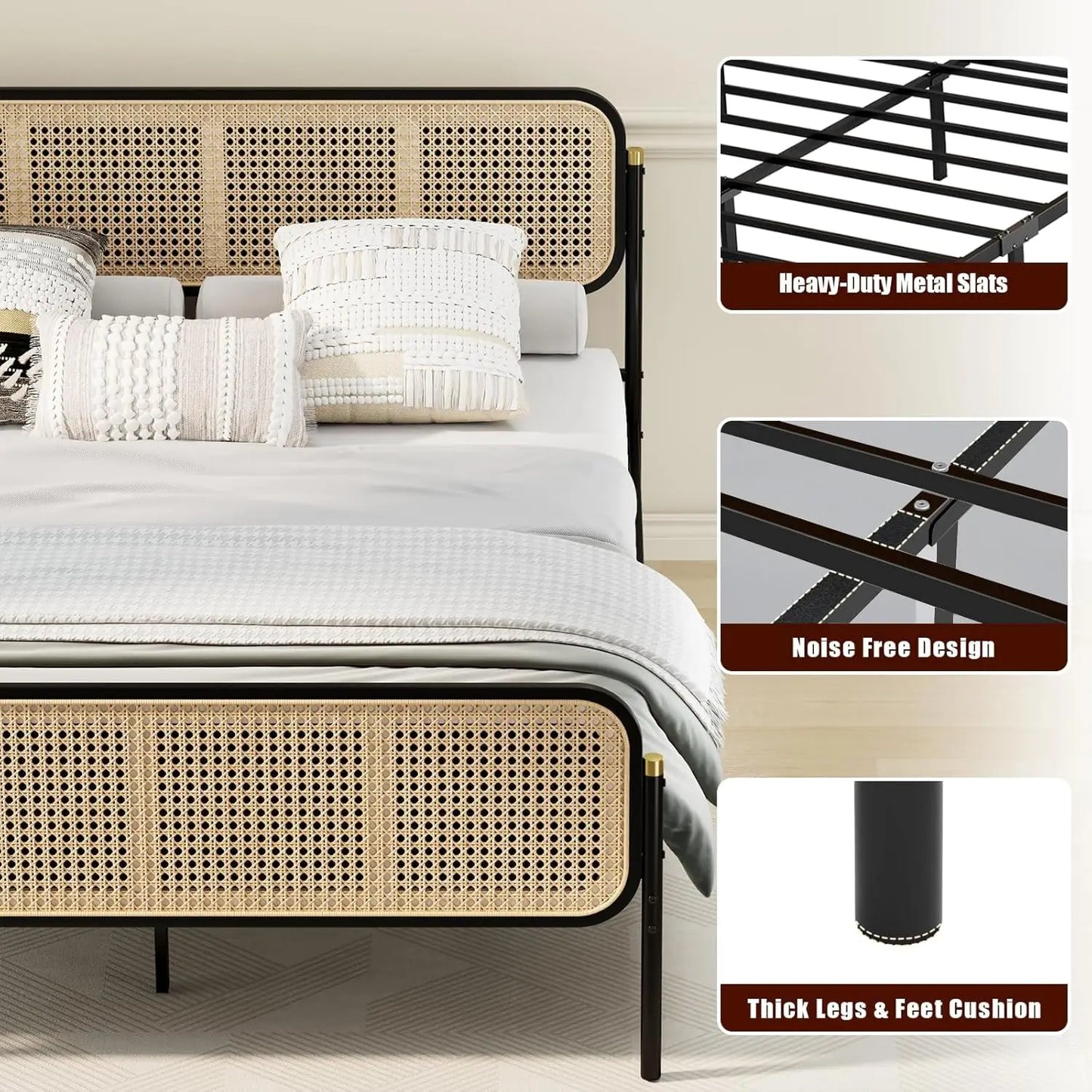 Rattan Bed Frame Queen Size with Headboard, Boho Bed Frame, Queen Bed Frame with Strong Metal Slats Support, Easy Assembly