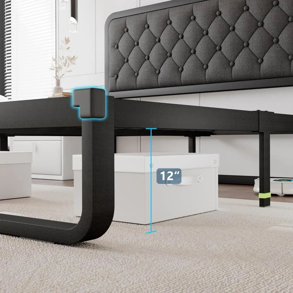 Bed Frame, Curved Metal Platform Bed Frame with Linen Upholstered Headboard, 12 Inch Under-Bed Space, No Box Spring Needed