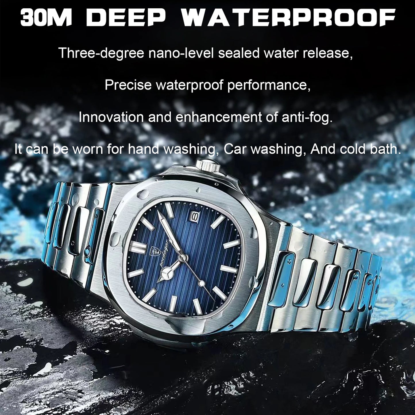 POEDAGAR Luxury Classic Man Watches Luminous Date Stainless Steel Square Quartz Male Clock Waterproof Watch for Men Reloj +Box