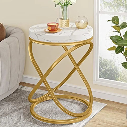 26 Inches White and Gold Faux Marble Top End Tables Living Room, Round Nightstands Sofa Side Table with Double X-Shaped Ring U