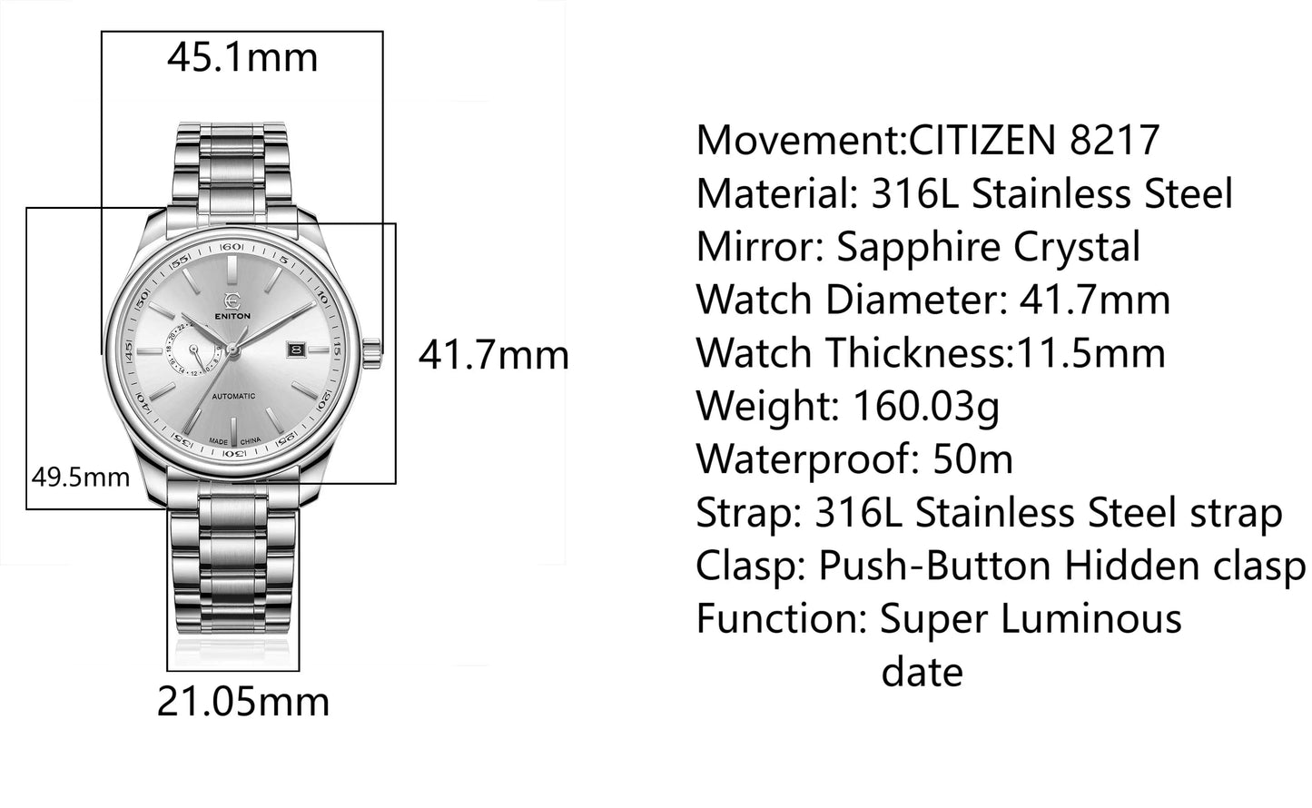 ENITON 41mm Watches male 8217 Movement Men's Watch Business luxury watches man Fashion mens watch mechanical Watches for men