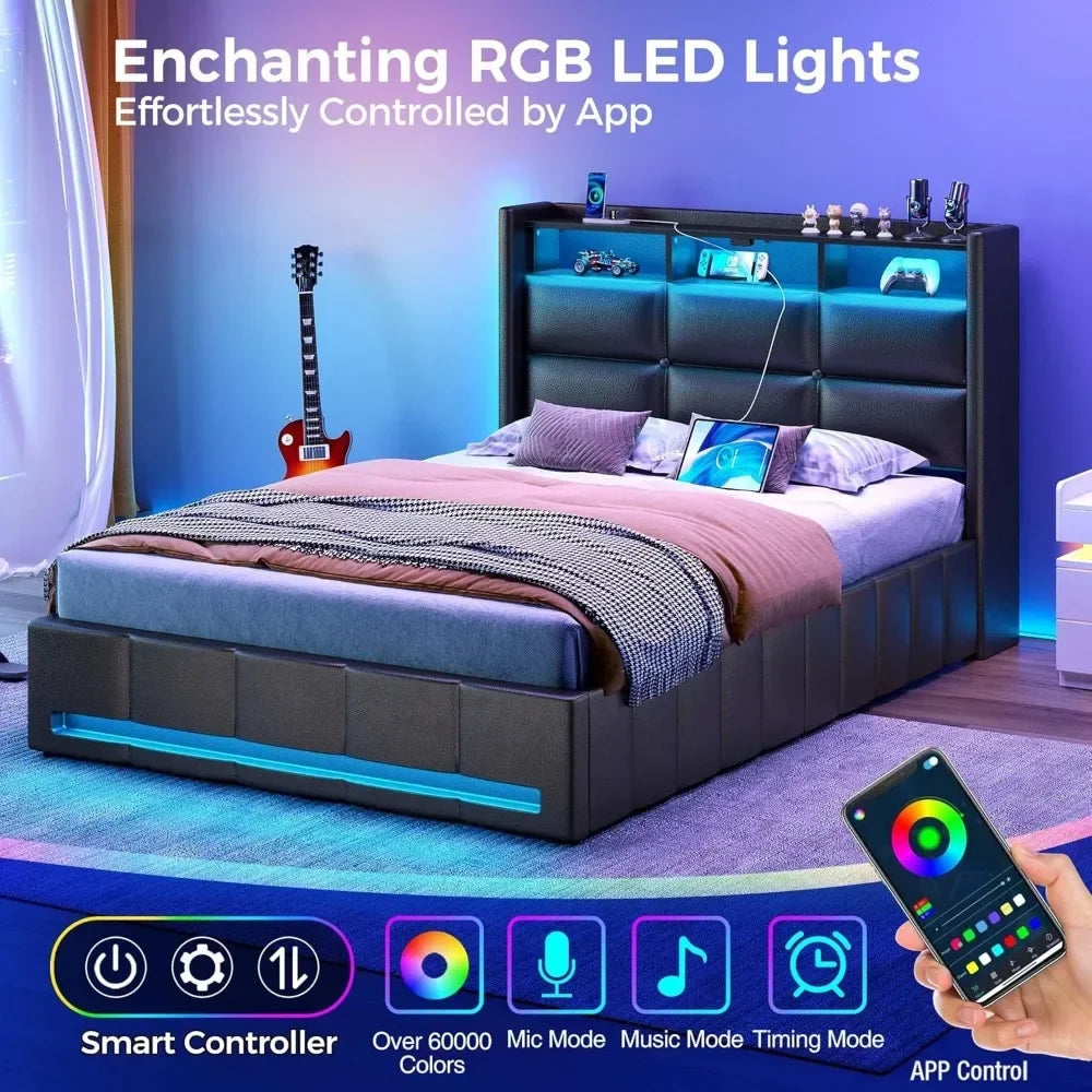 bed. Bed Frame Twin Size with Lift Up Storage, Charging Station & LED Lights, Upholstered Storage Headboard, Heavy Duty Wooden