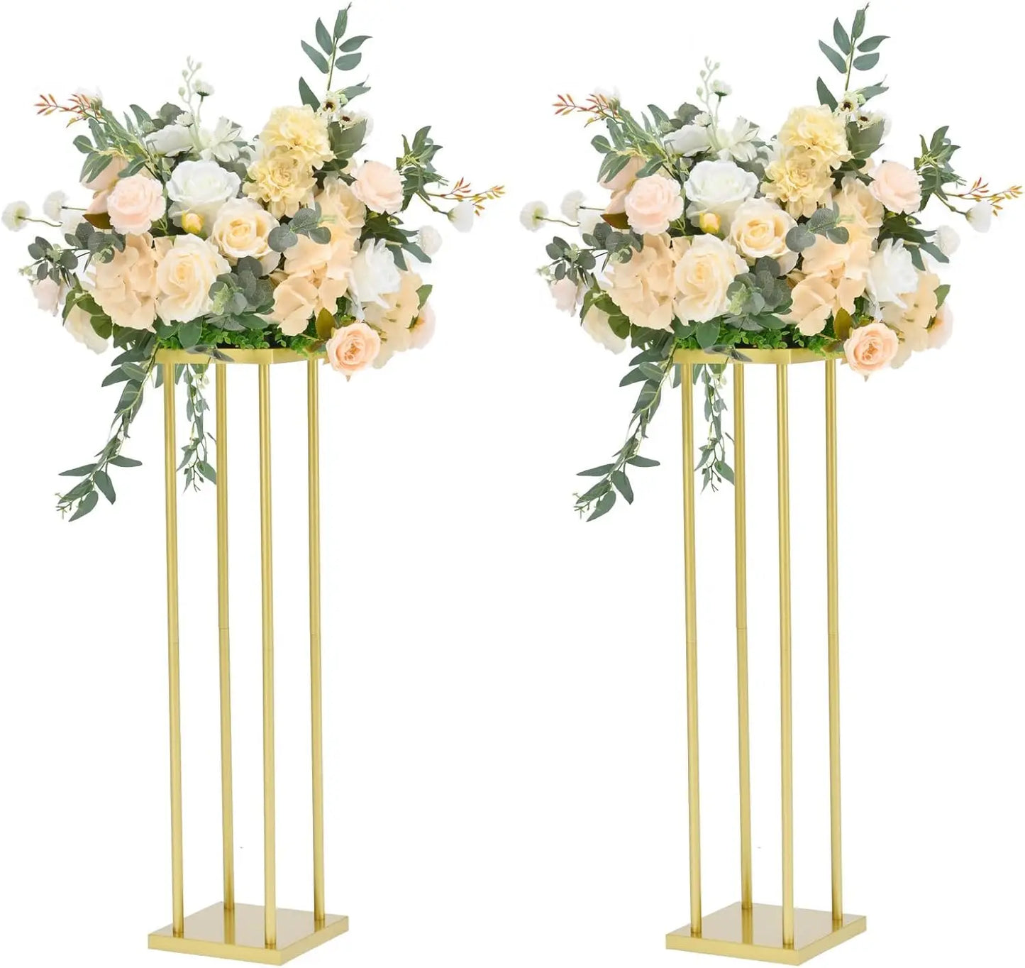 2pcs 31.5inch Rectangular Gold Metal Wedding Flower Stand Vase Column Stand Flower Display Rack for Party Home Decorations