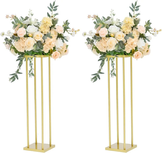 2pcs 31.5inch Rectangular Gold Metal Wedding Flower Stand Vase Column Stand Flower Display Rack for Party Home Decorations