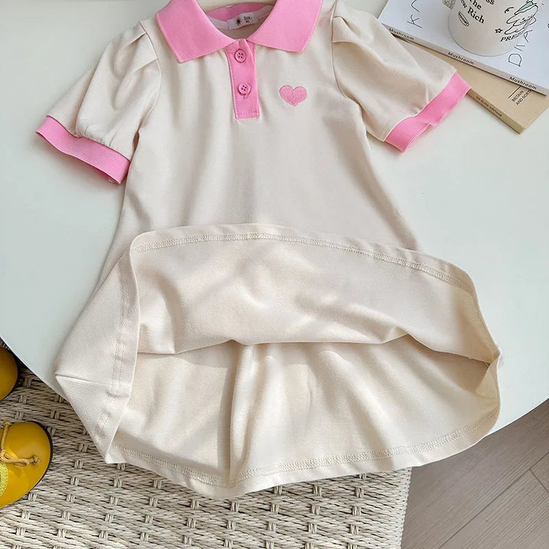 2025 Summer Stylish Girls' Polo Shirt Dresses 1-7Y Trendy Embroidered Heart Lapel Dress for Kid's Children's Clothing Outfit