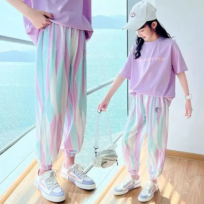 2025 Girls' Sportswear Set Summer Casual Short Sleeve Outfit | Trendy Two-Piece Clothing for Teen Girls 12-15 Years Fashionable