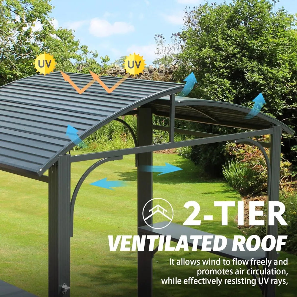 Domi Hardtop Grill Gazebo 8x5FT, Grill Canopy for Outdoor Grill w/Double Galvanized Steel Roof and 2 Side Shelves, BBQ Gazebo Gr