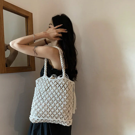 Fashion Handmade Woven Bag Tassel Accessories Summer Woven Solid Color Shoulder Bag Large Tote Bag